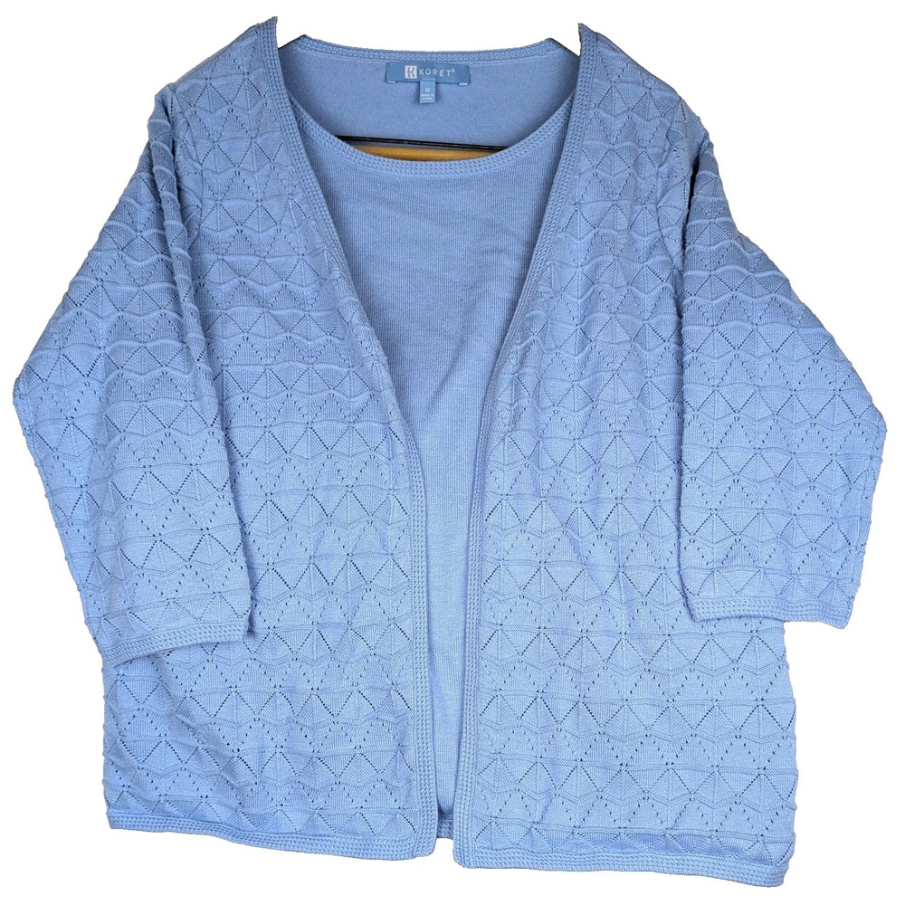 Koret Sweater Medium Layered Cardigan Grannycore Geometric Knit Open Front